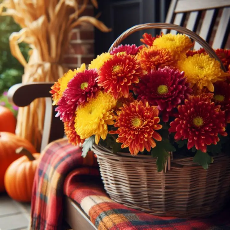 a basket of mums on a porch in the fall