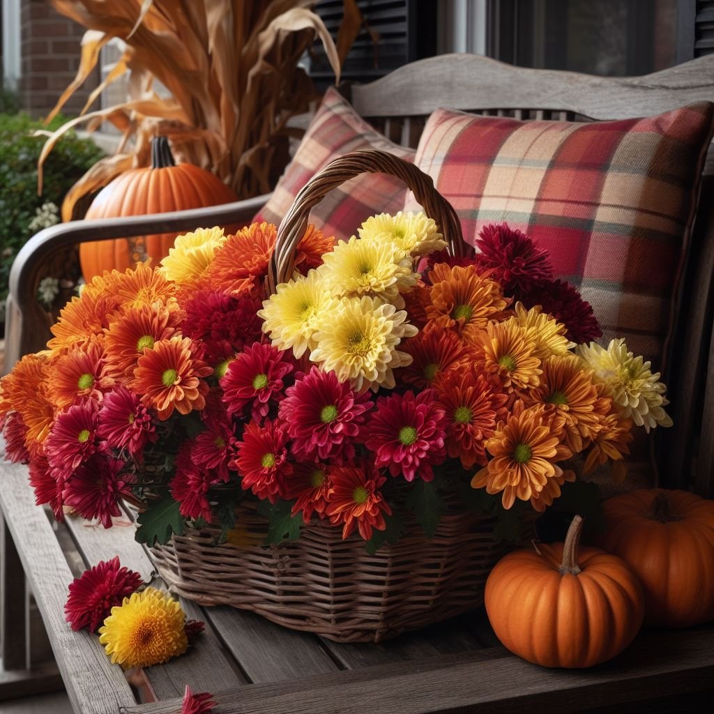 orange, red, and yellow mums in a basket, how long do mums bloom?
