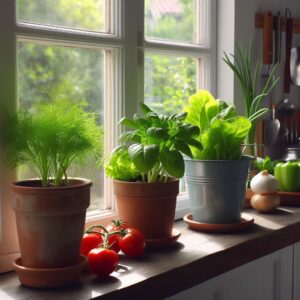 best vegetables to grow on your windowsill, 3 small potted veggies by kitchen window