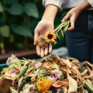 a woman tossing flowers on a compost pile, can you compost flowers?